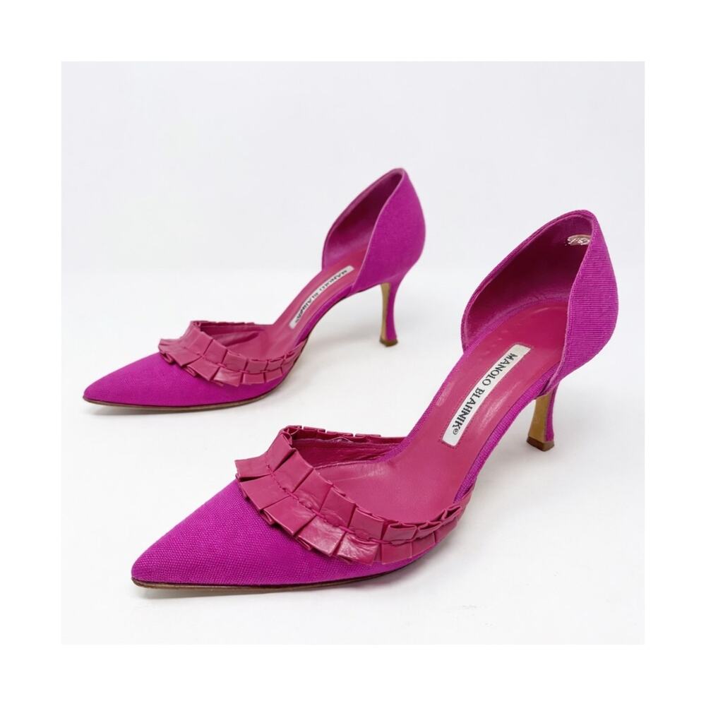 Manolo Blahnik D’Orsay Heels Pink Canvas Pointed Toe Womens Size EU 36.5